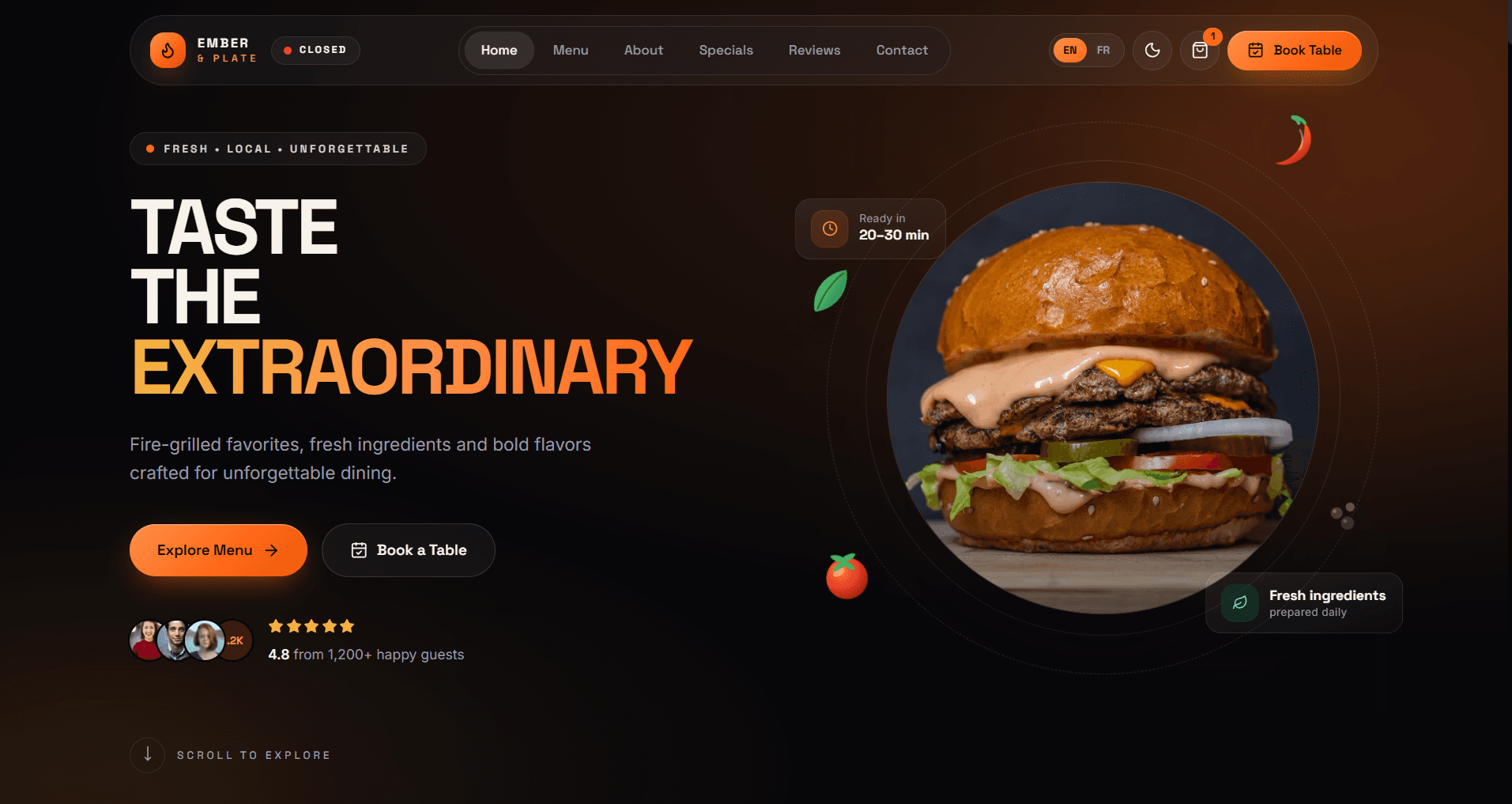 The Ember & Plate landing page shown in a desktop browser window.