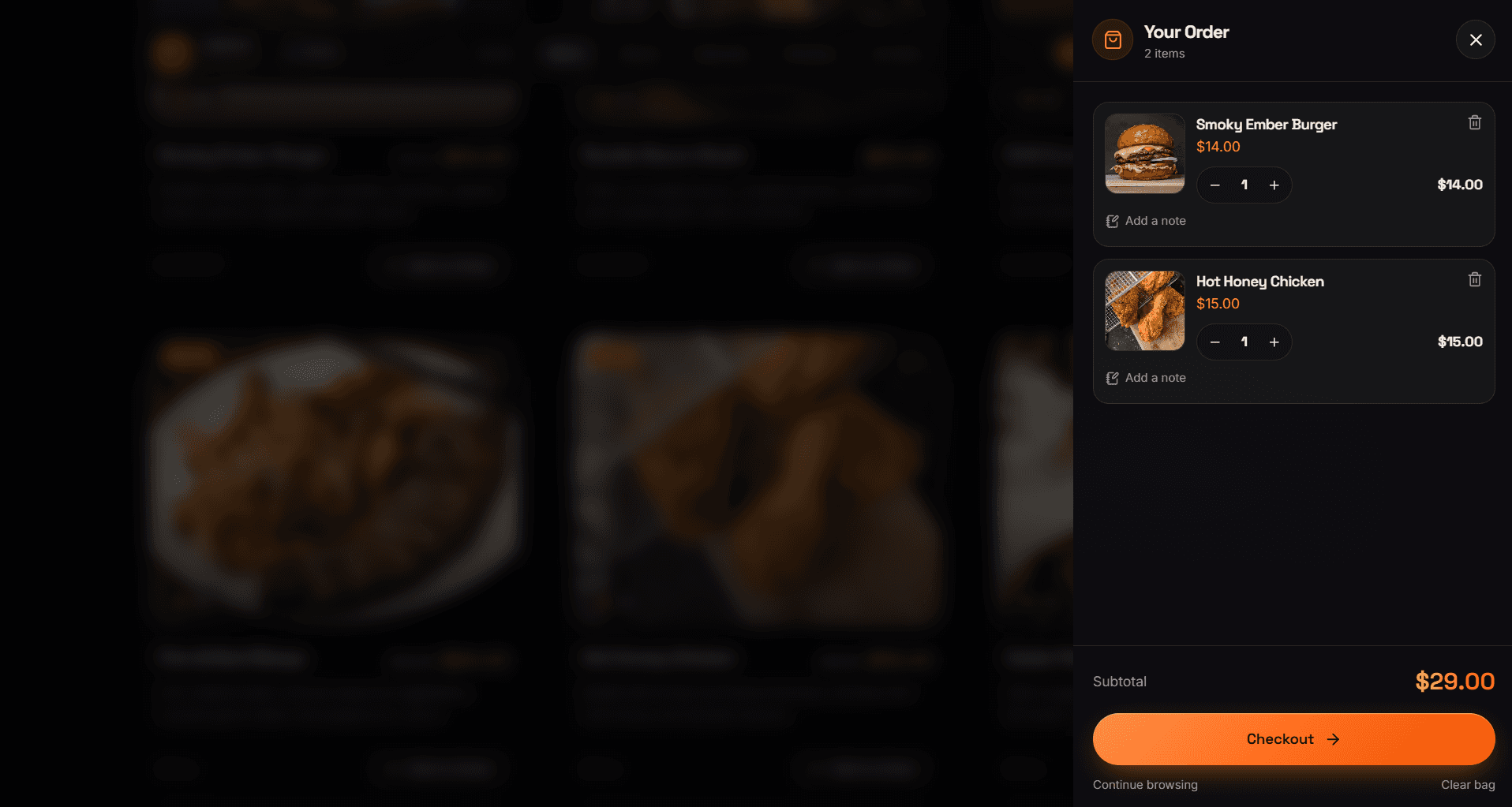 The Ember & Plate menu with the order drawer open, showing quantity steppers, a per-dish note and the subtotal.