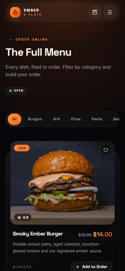 The Ember & Plate menu on a phone, showing the category filter row and a dish card with its discounted price and an add-to-order button.