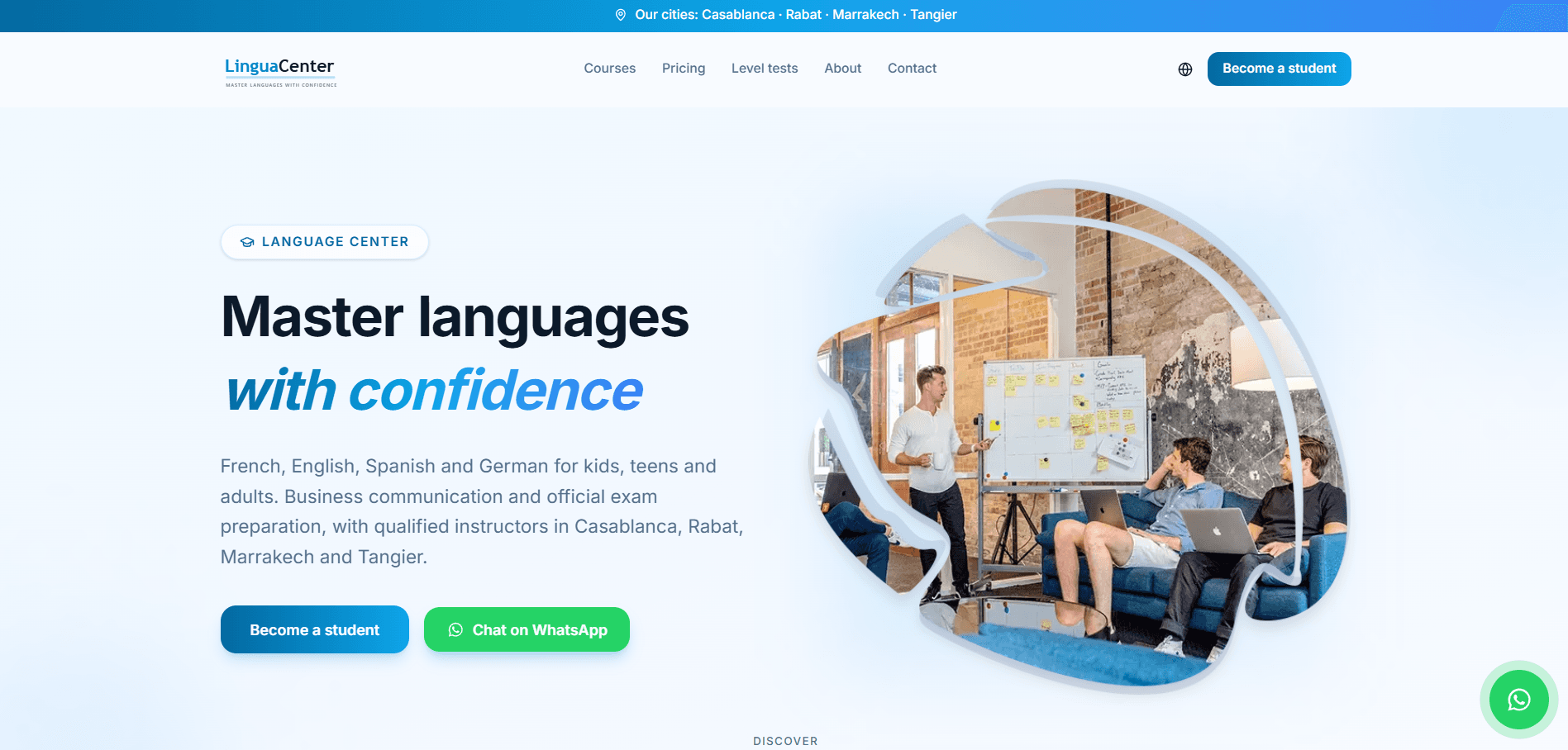 The LinguaCenter landing page shown in a desktop browser window.