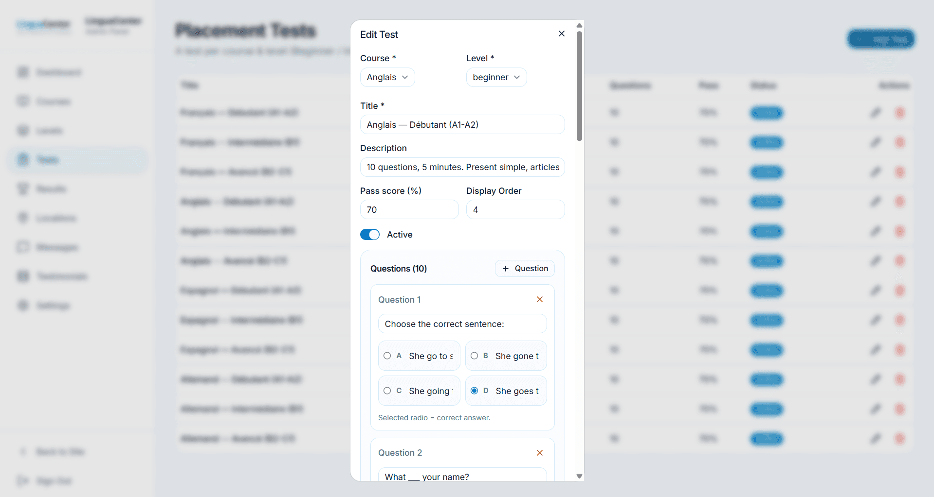 The LinguaCenter admin test editor, showing editable questions and answers.