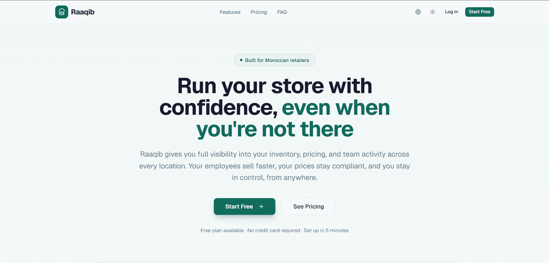 The Raaqib landing page shown in a desktop browser window.
