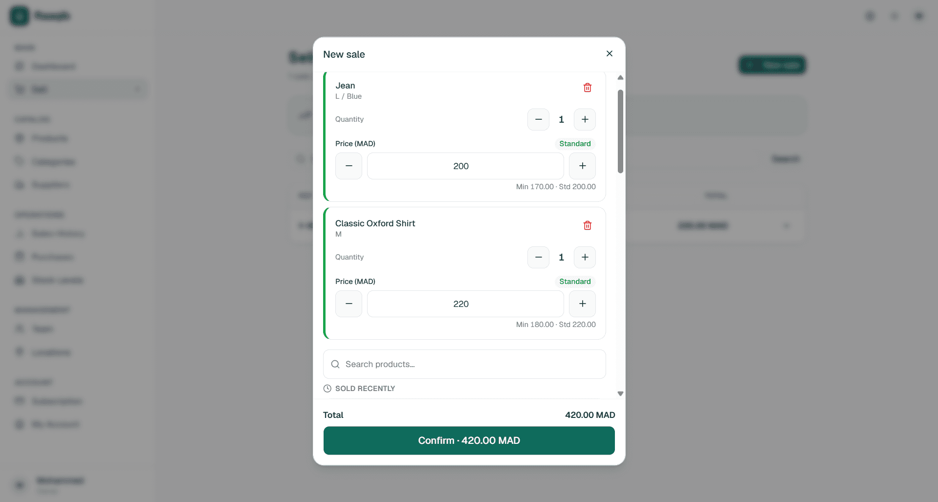 Raaqib sale form with a price inside the allowed range, accepted without a warning.